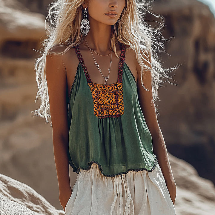 Linen Print Patchwork Comfortable Camisole™ Retro Western Style – Boho Charm with a Wild Touch