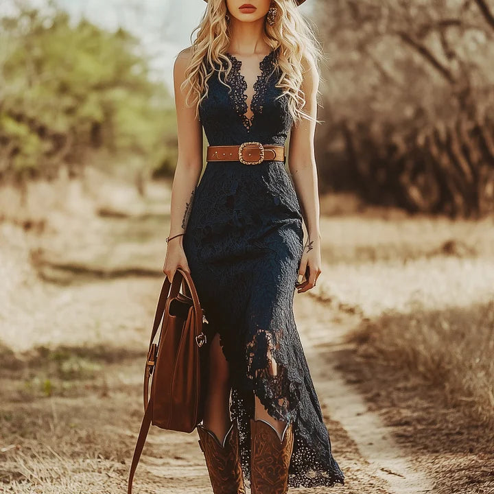 Vintage Bohemian Blue Lace Sleeveless Midi Dress™ Retro Western Style – Timeless Elegance with a Boho Twist