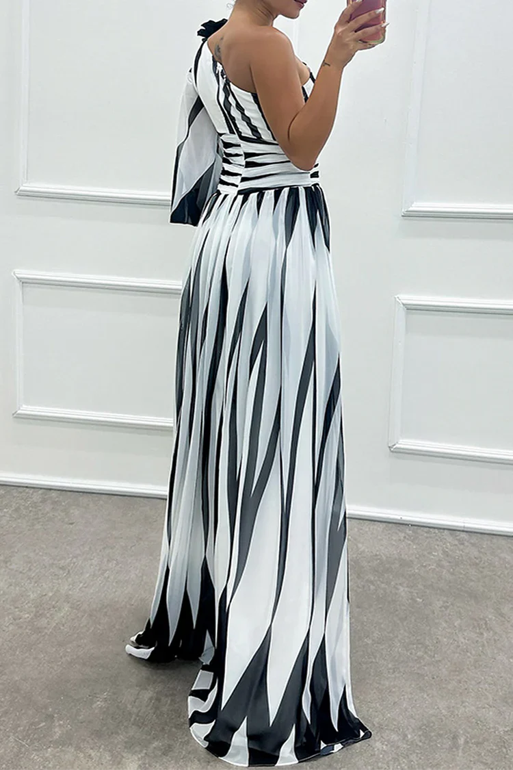Chloe WD – Elegant Striped One Shoulder Maxi Dress