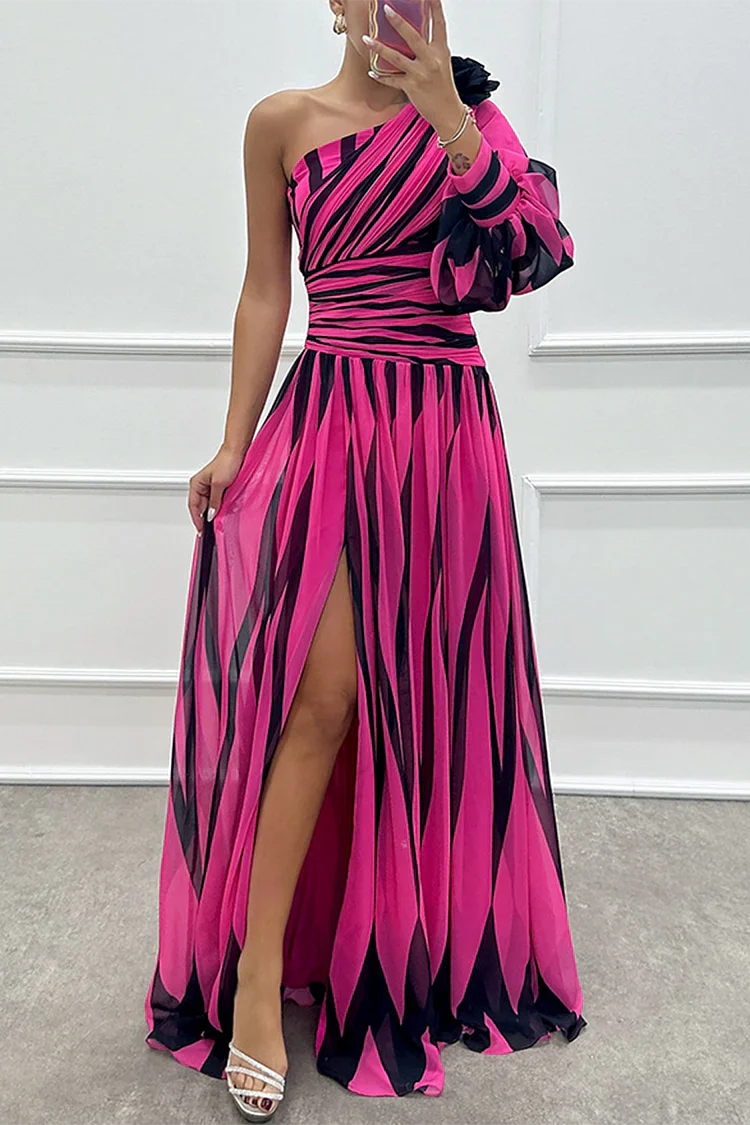 Chloe WD – Elegant Striped One Shoulder Maxi Dress