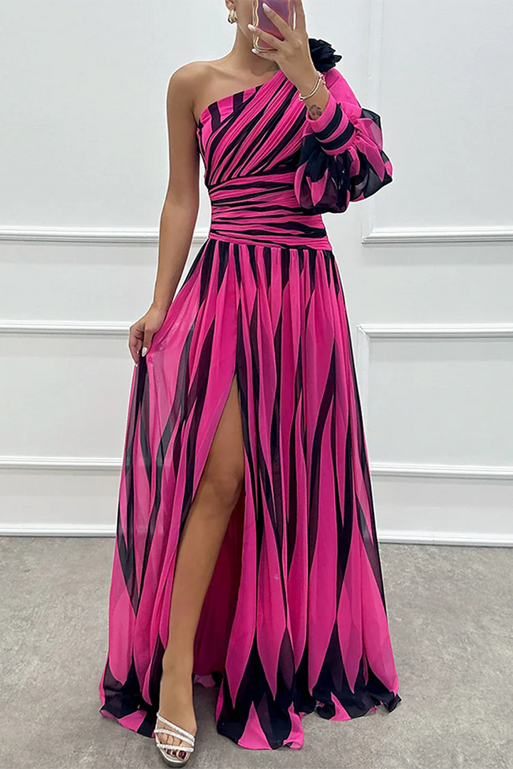 Chloe WD – Elegant Striped One Shoulder Maxi Dress