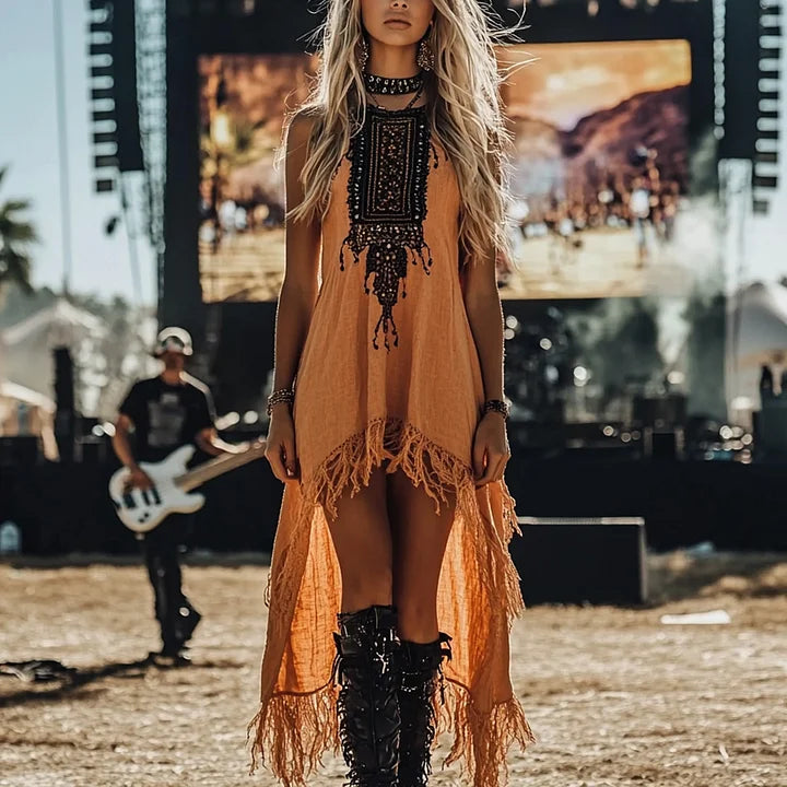 Vintage Wilderness Ethnic Style Linen Tassel Lace Suspender Dress™ Retro Western Style – Boho Charm with Embroidered Elegance