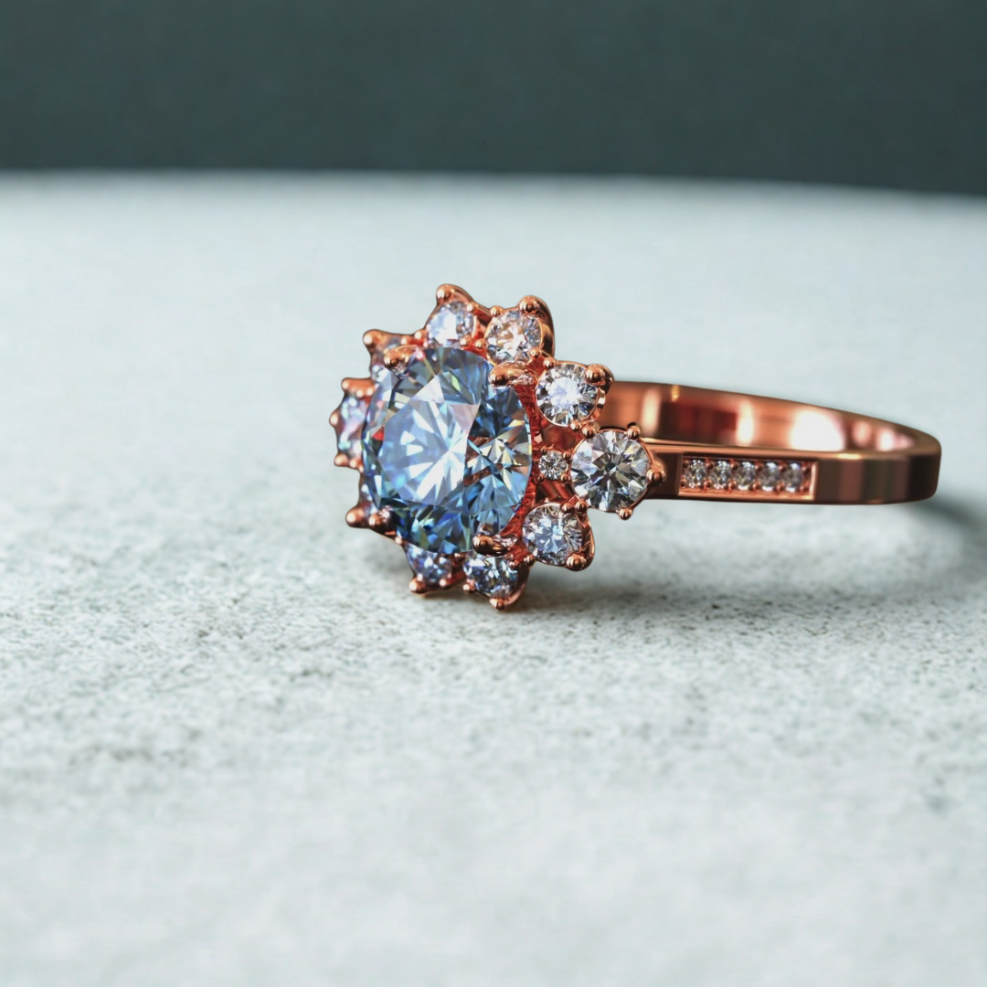 1.5ct Round Blue Moissanite Ring™ Luxury Ring – Sparkling Brilliance in Rose Gold & Gold