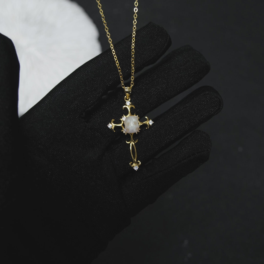 Baroque Carved Cross Pearl Skull Gemstone Pendant Necklace™ Skull Accessories  – Vintage-Inspired Cross Necklace with Carved Pearl Skull and CZ Accents