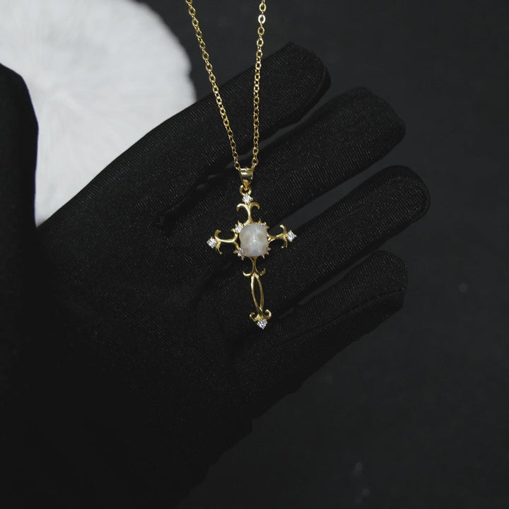Baroque Carved Cross Pearl Skull Gemstone Pendant Necklace™ Skull Accessories  – Vintage-Inspired Cross Necklace with Carved Pearl Skull and CZ Accents