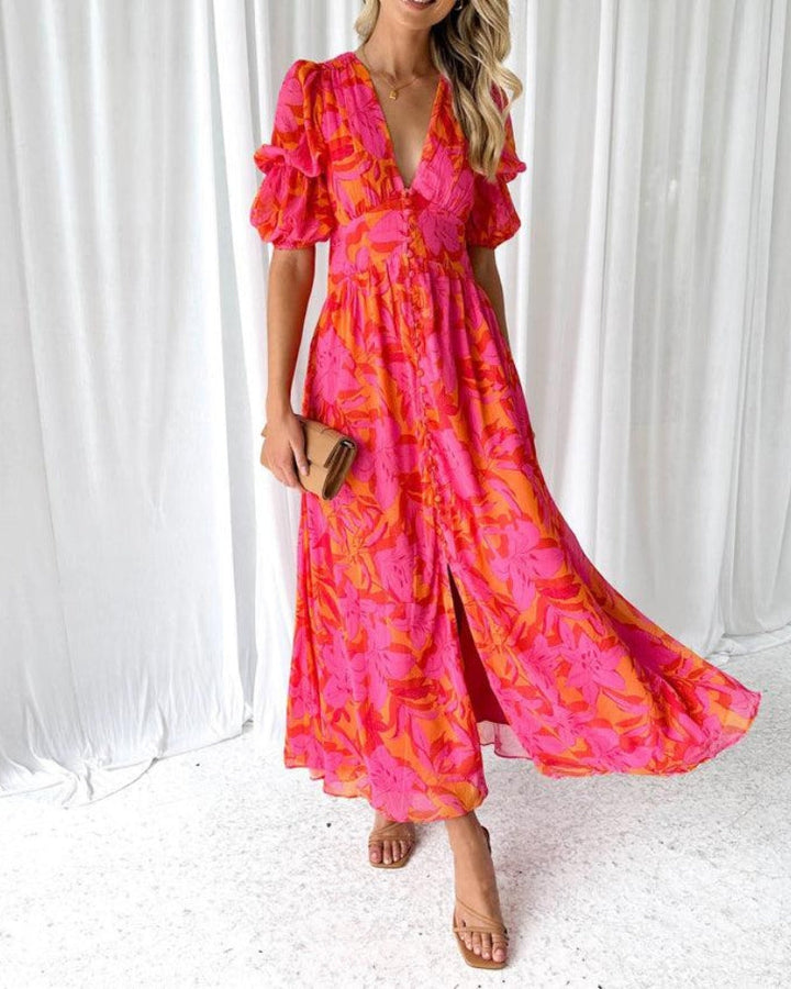 Clara WD– Elegant V-Neck Puff Sleeve Maxi Dress