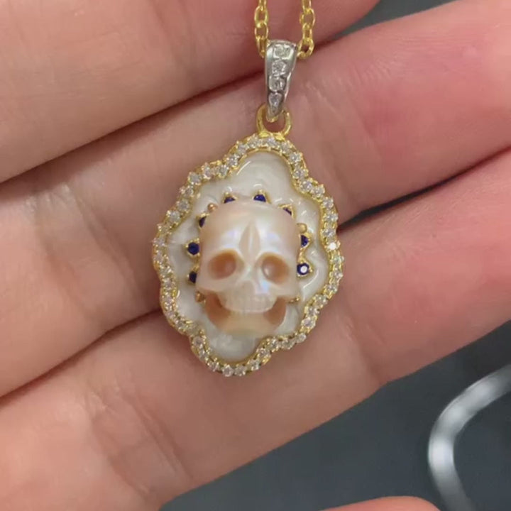 Pearl Skull White Shell Double Halo Gemstone Necklace™ Skull Accessories - Elegant Pearl Skull Pendant with Dual Gemstone Halo