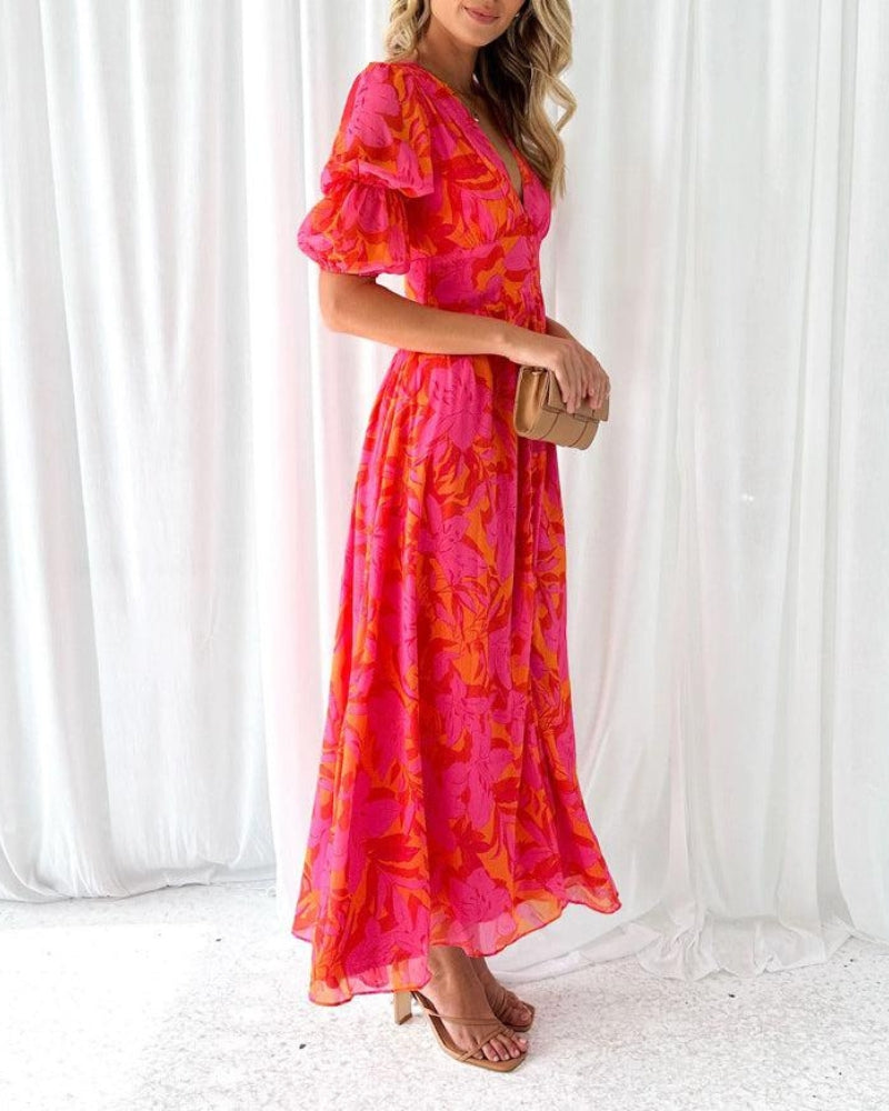 Clara WD– Elegant V-Neck Puff Sleeve Maxi Dress