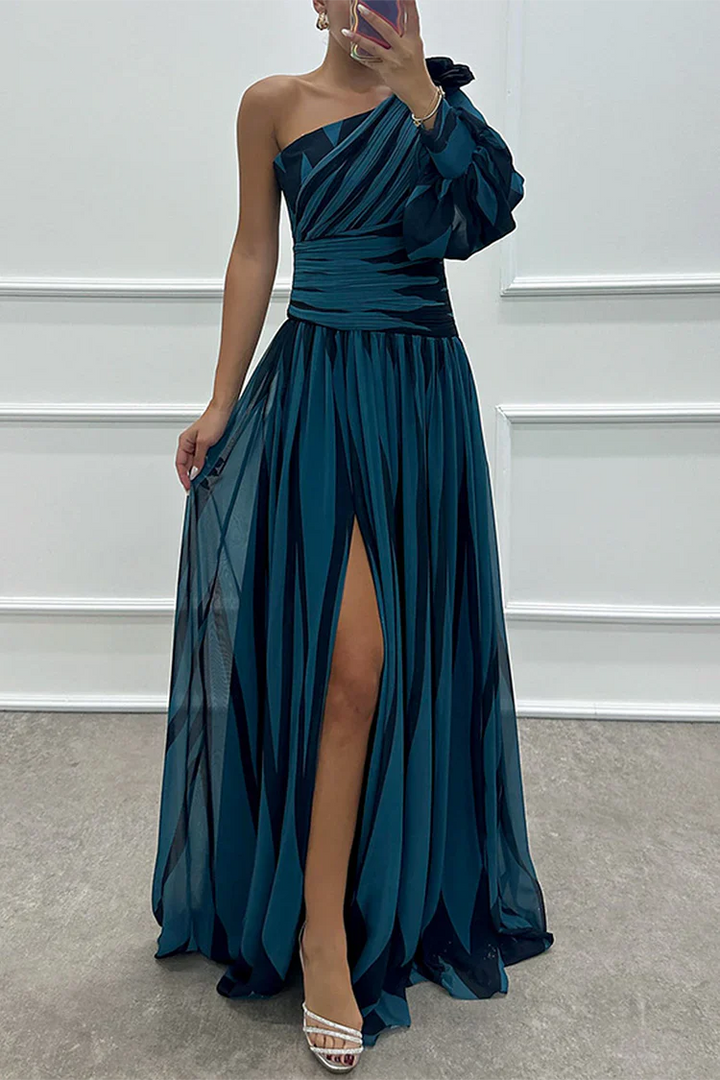Chloe WD – Elegant Striped One Shoulder Maxi Dress