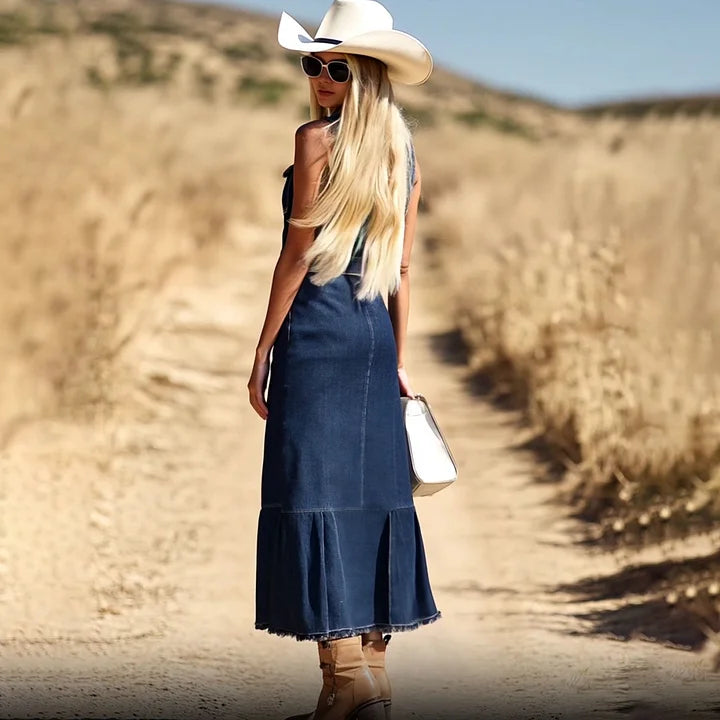 Dark Blue Denim Sleeveless Fishtail Midi Dress™ Retro Western Style – Effortless Chic for Warm Days