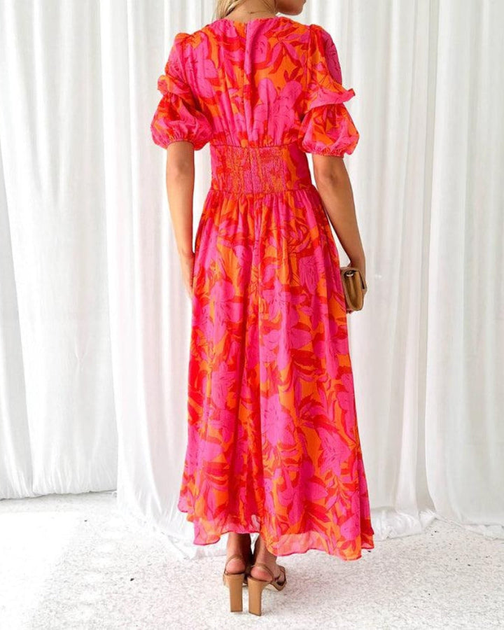 Clara WD– Elegant V-Neck Puff Sleeve Maxi Dress