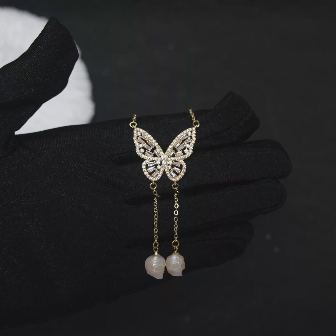 Golden Butterfly Gemstone Skull Pearl CZ Pendant Necklace™ Skull Accessories – Elegance Meets Bold Transformation