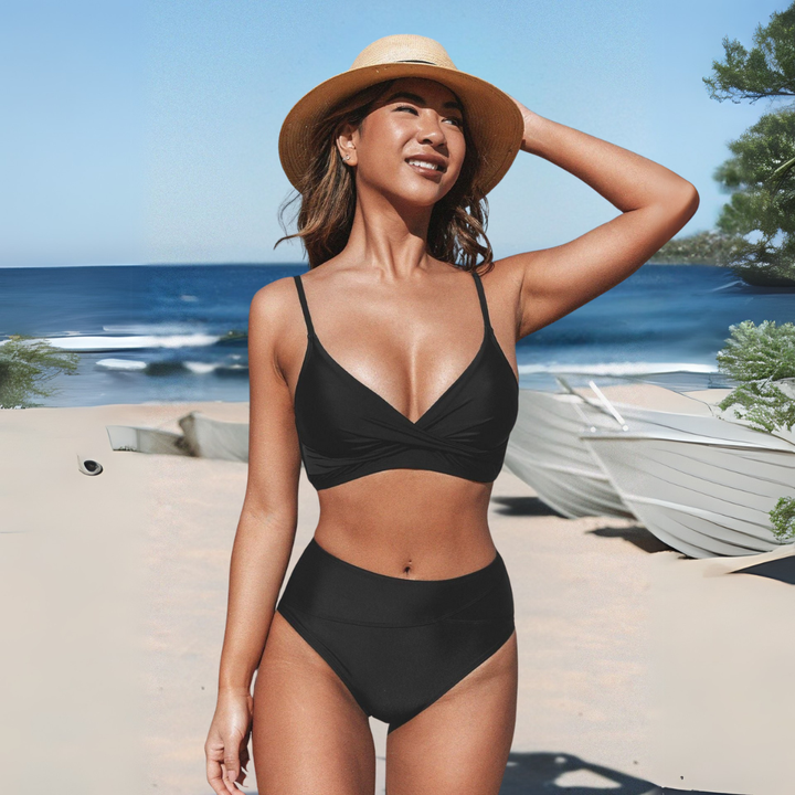 RACHELLE™ – Solid Bikini Set with Wide Top & High-Waisted Bottoms