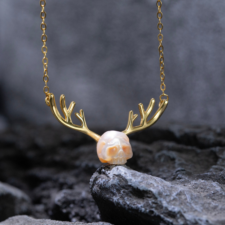 Reindeer Antler Pearl Cranium Clavicle Chain Pendant Necklace™ Skull Accessories  – Antler Elegance with Gothic Whimsy