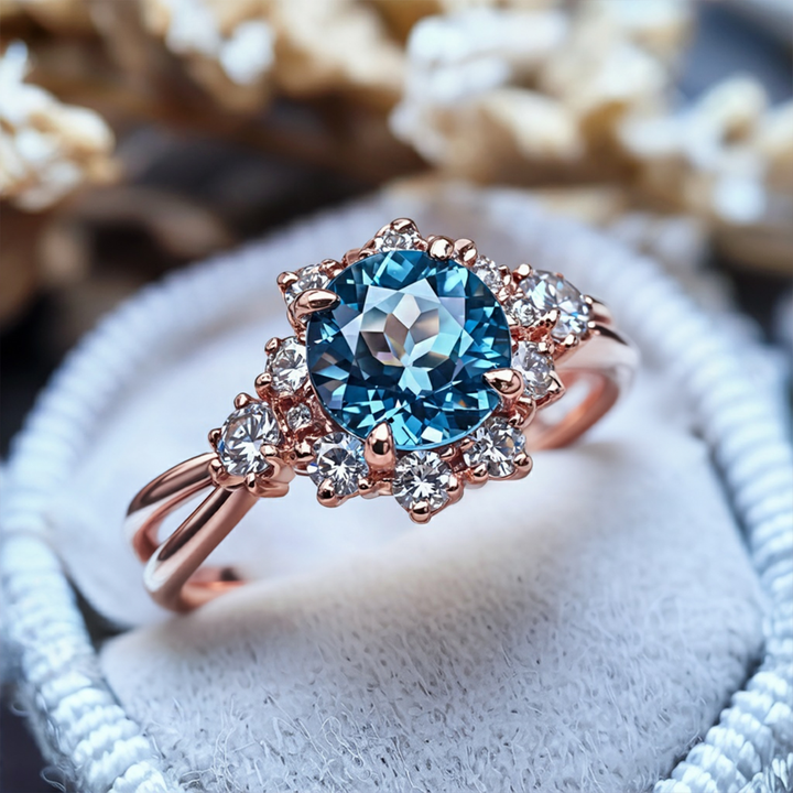 Stormlight Ring™ Colored Gem Stone – Split Band Blue Moissanite Halo Ring