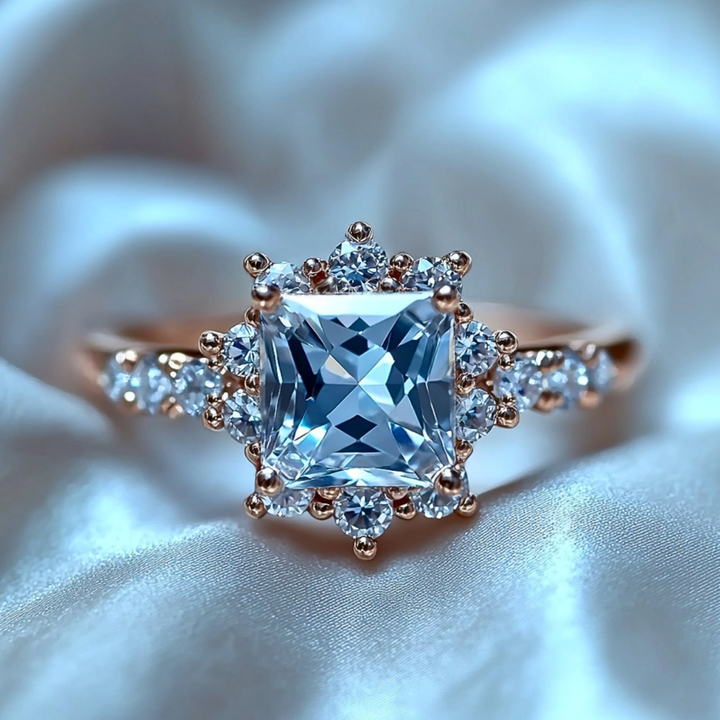 Ocean Veil Ring™ Colored Gem Stone – Regal Brilliance in a Princess-Cut Halo