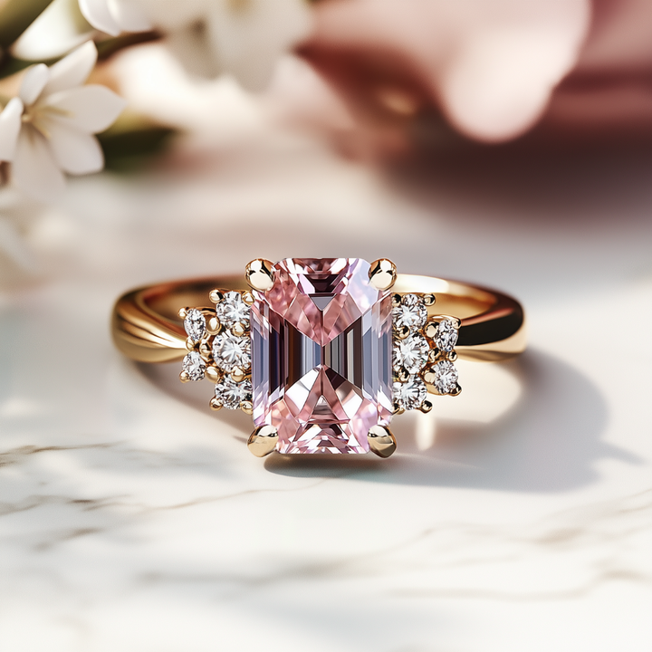 Velvet Mist Ring™ Colored Gem Stone – Blushing Elegance in a Sparkling Emerald Cut