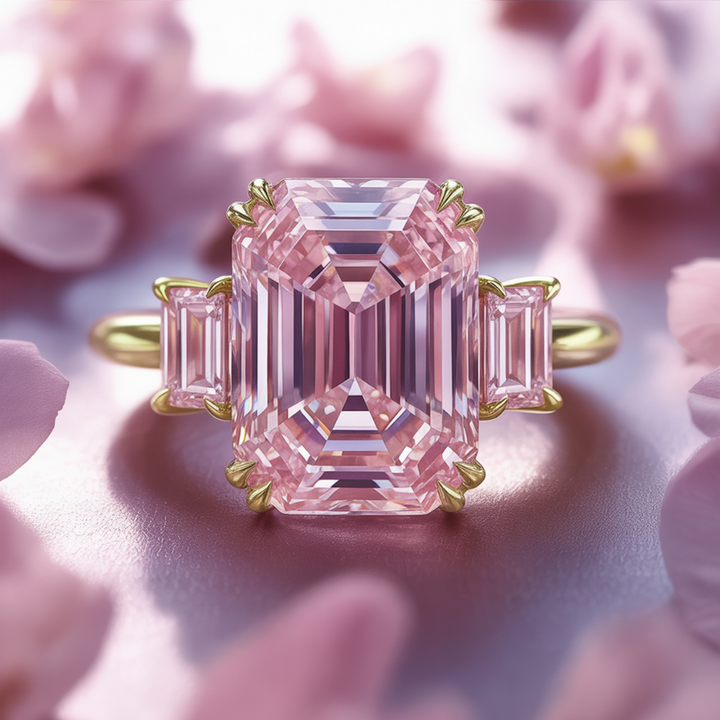 Dusky Blush Ring™ Colored Gem Stone – Three-Stone Pink Moissanite Emerald Ring