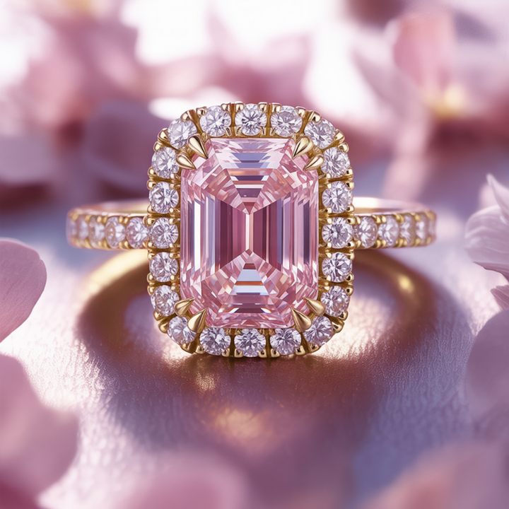 Pink Halo Ring™ Colored Gem Stone – Radiant Pink Moissanite Halo Ring