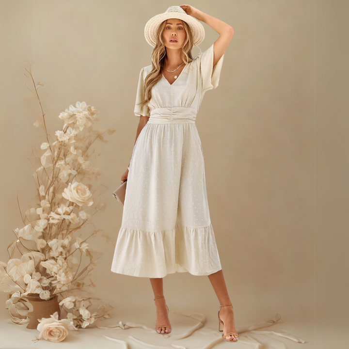 RENÉE™ – V-Neck Calf-Length Dress with Short Sleeves
