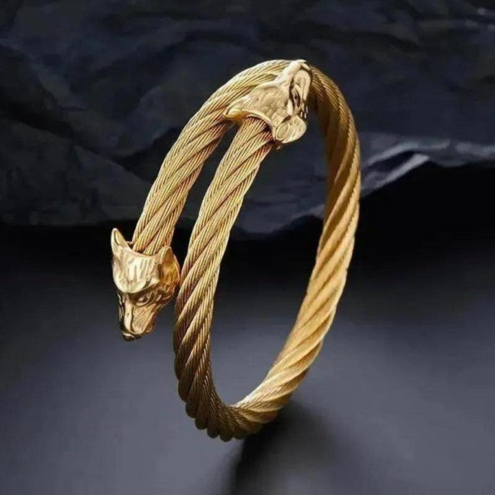 Moon Madrid Calistoga Bracelet™ Men Jewelry – Twisted Cable Torque Bracelet with Wolf Heads