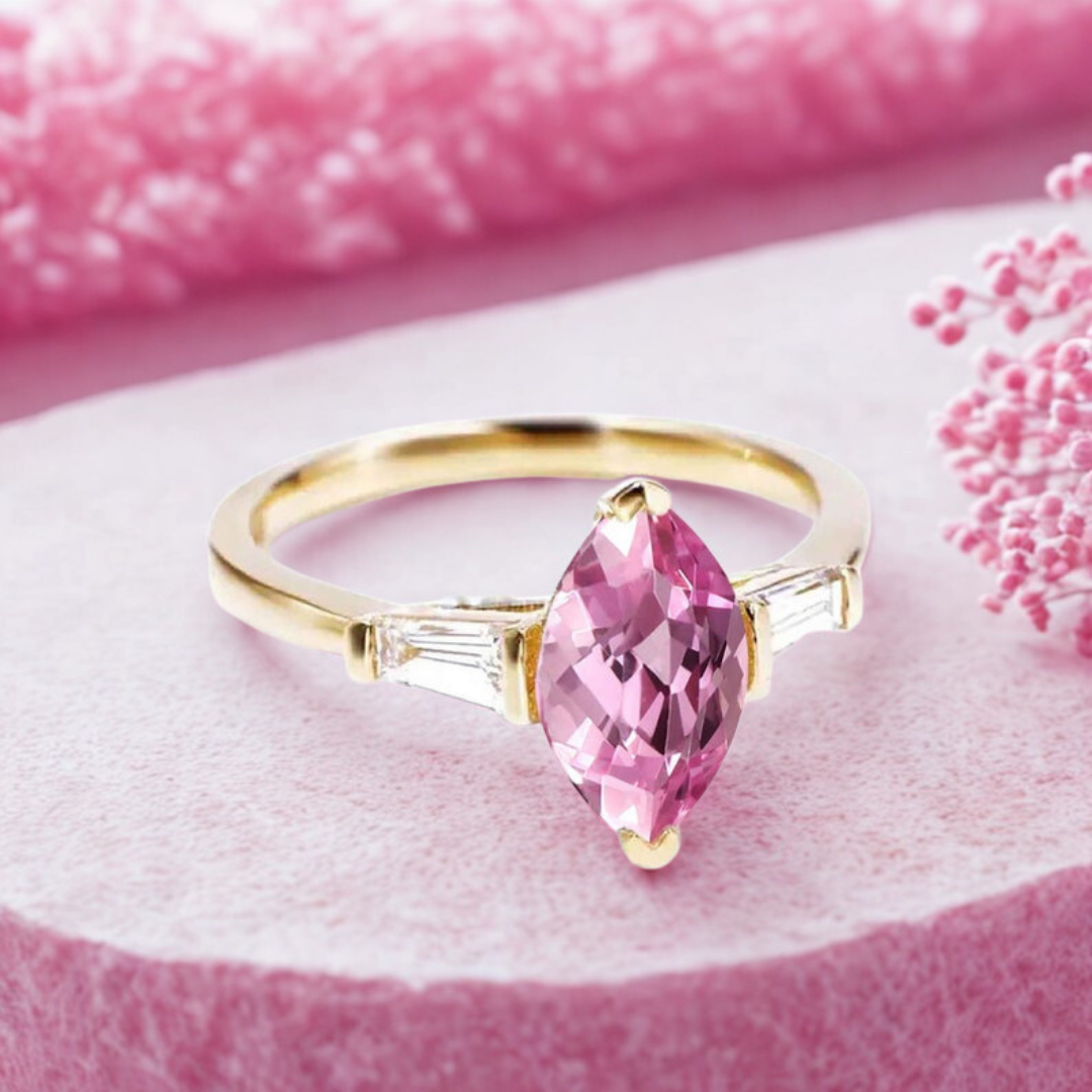 Ethereal Rose Ring™ Luxury Ring – Marquise Pink Sapphire with Tapered Accents in Rose Gold