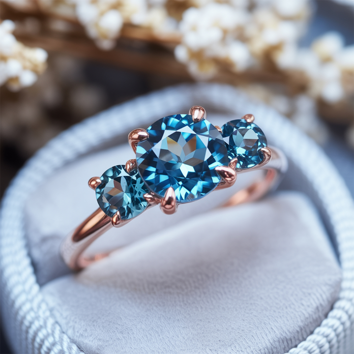 Starborne Ring™ Colored Gem Stone – Three-Stone Blue Moissanite Ring