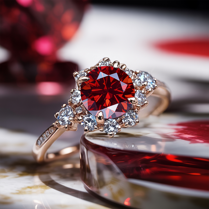 Velvet Blaze Ring™ Colored Gem Stone – Fiery Elegance in a Dazzling Halo