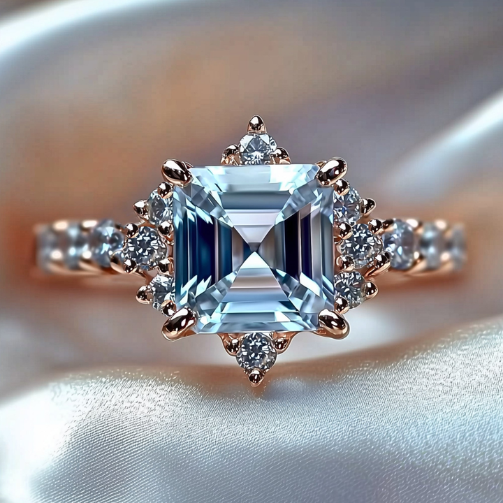 Arctic Bloom Ring™ Colored Gem Stone – Icy Elegance in an Asscher-Cut Halo
