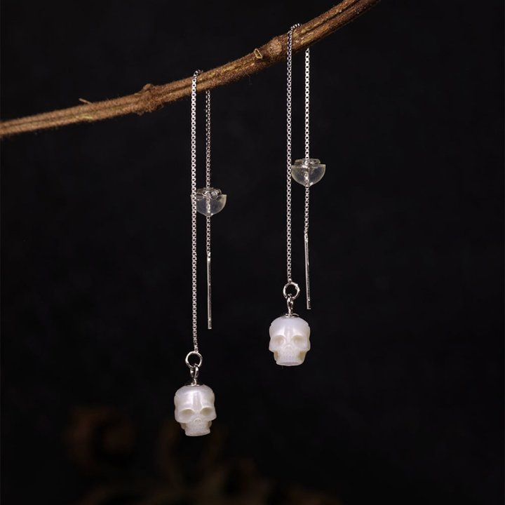 Dainty Pearl Skull Ear Threader Earrings™ Skull Accessories  – Gracefully Edgy Elegance