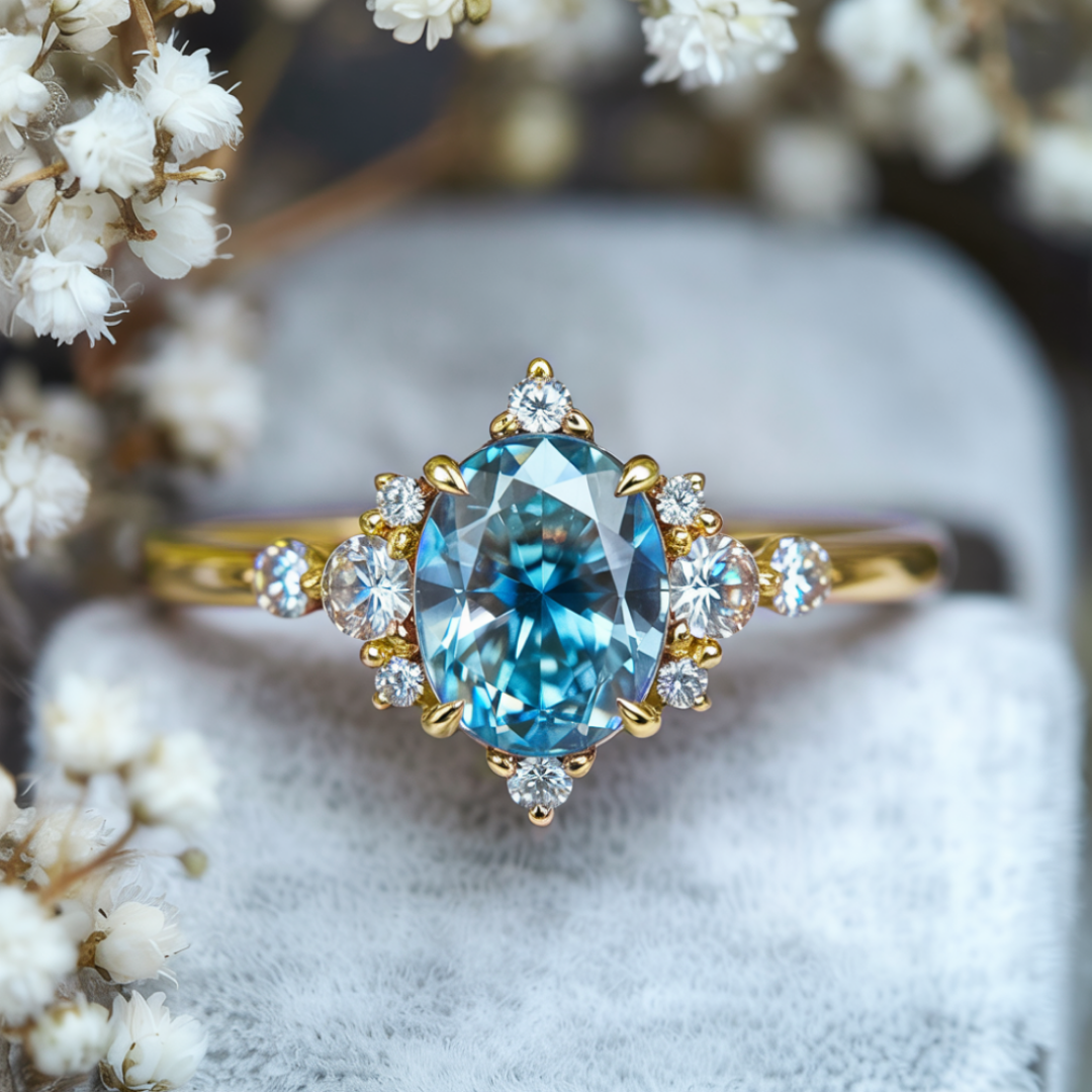 Glacier Flame Ring™ Colored Gem Stone – Ice Blue Radiance Framed in Firelight