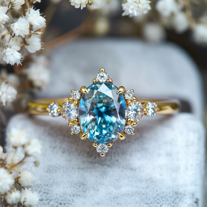 Glacier Flame Ring™ Colored Gem Stone – Ice Blue Radiance Framed in Firelight