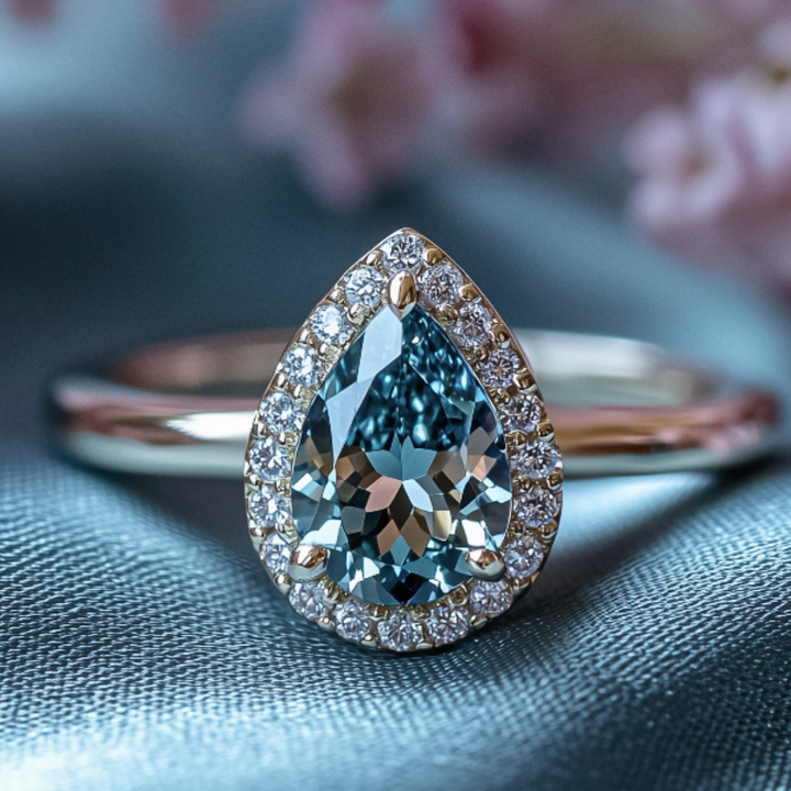 Blue Flare Ring™ Colored Gem Stone – Dazzling Elegance in a Pear-Cut Halo Design