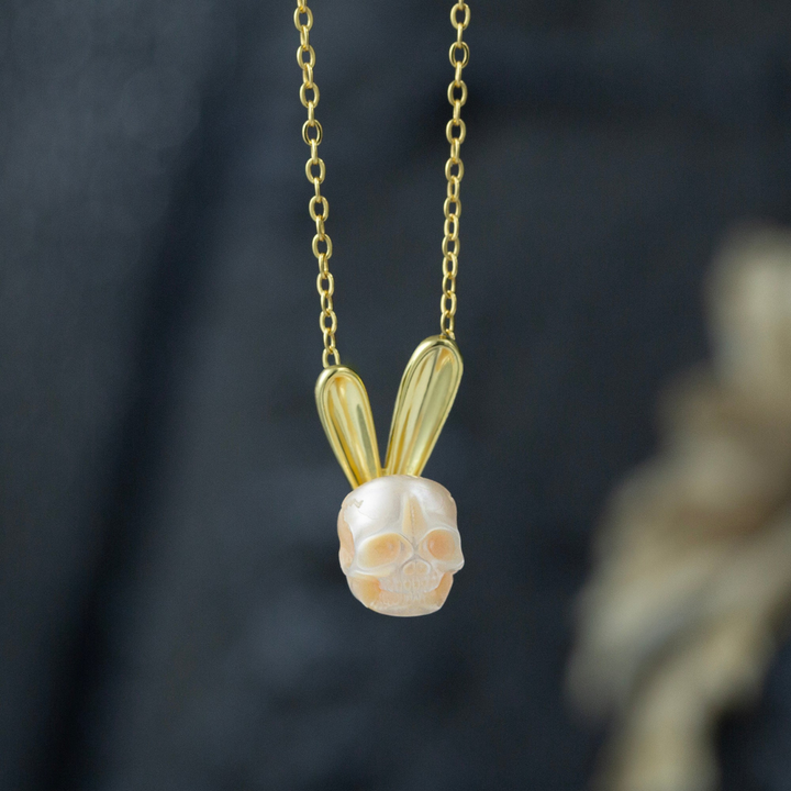 Pearl Skull Gold Bunny Ears Necklace™ Skull Accessories  – Playful Charm with a Gothic Twist