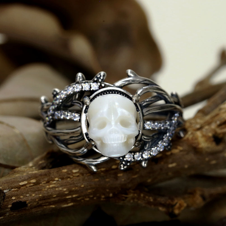 Gothic Pearl Skull Vine Branches Twist Inlaid Ring™ Skull Accessories  – Symbolic Strength Wrapped in Elegance