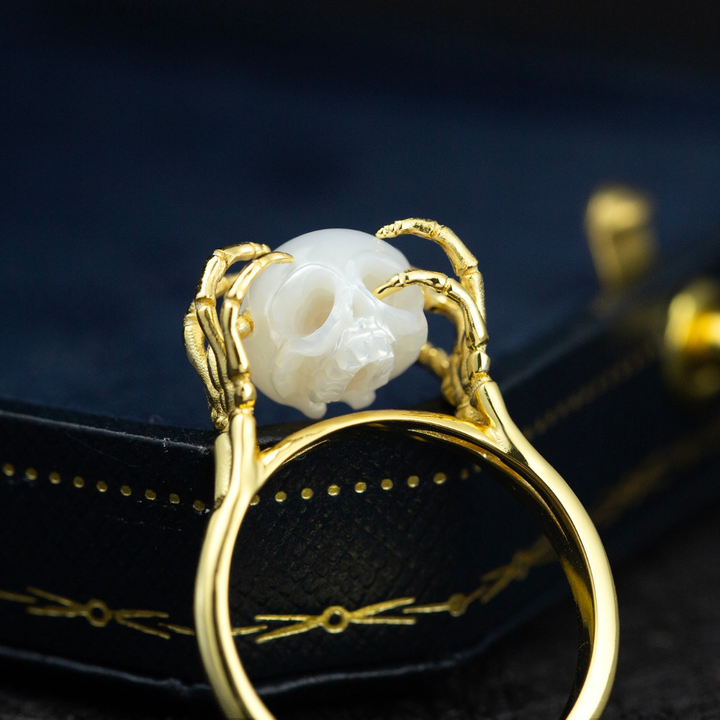Be A Thinker Pearl Cranium Ring™ Skull Accessories  – Thoughtful Artistic Design with Hand-Carved Pearl Skull
