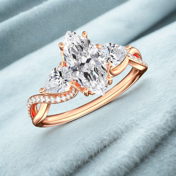 Moonlit Gleam Ring™ Luxury Ring – 3 Carat Moissanite with Curved Accents in Rose Gold