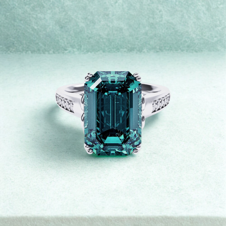 Elven Crown Ring™ Colored Gem Stone – Regal Depth in a Sapphire-Toned Emerald Cut