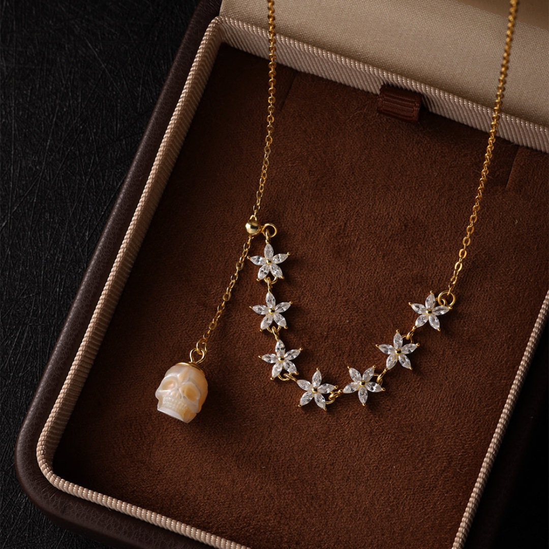 Dainty Pearl Skull Lily Necklace™ Skull Accessories  – Gold Marquise Cut CZ Flowers with Carved Pearl Skull