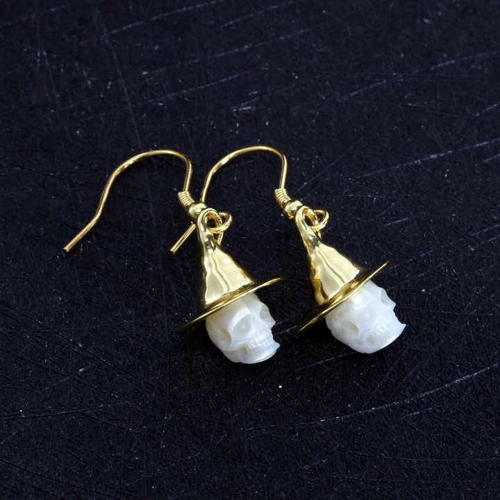 Witch Hat Pearl Skull Earrings™ Skull Accessories  – Gothic Pearl Drop Earrings with Witch Hat Design