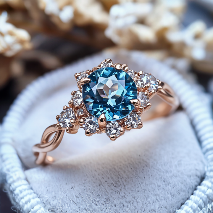 Celestial Veil Ring™ Colored Gem Stone – Twisted Band Blue Moissanite Halo Ring