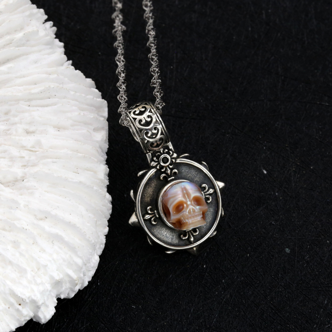Baroque Carving Pearl Skull Royal Circle Shield Necklace™ Skull Accessories  – Gothic Elegance in a Statement Pendant