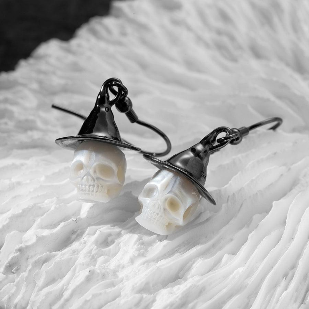 Witch Hat Pearl Skull Earrings™ Skull Accessories  – Gothic Pearl Drop Earrings with Witch Hat Design