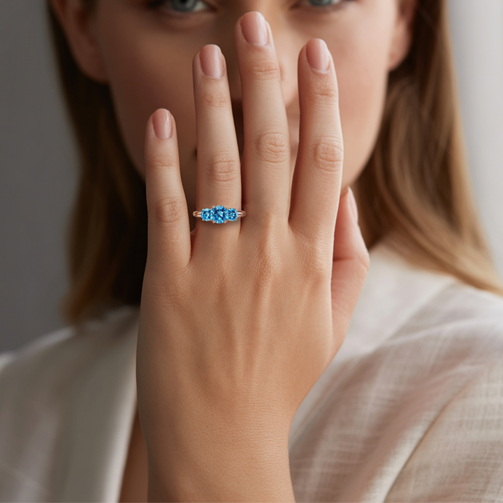 Starborne Ring™ Colored Gem Stone – Three-Stone Blue Moissanite Ring