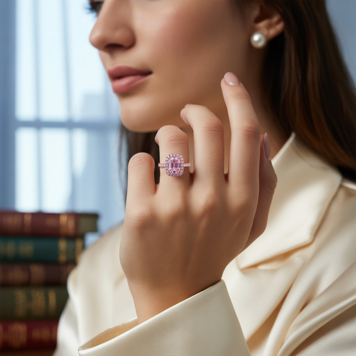 Pink Halo Ring™ Colored Gem Stone – Radiant Pink Moissanite Halo Ring