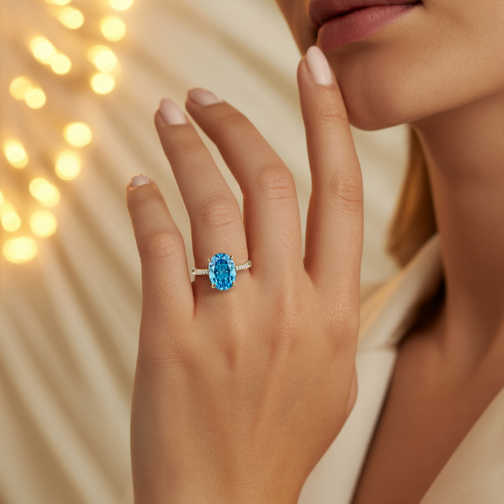 Ocean Dusk Ring™ Colored Gem Stone – Elegant Blue Moissanite Statement Ring