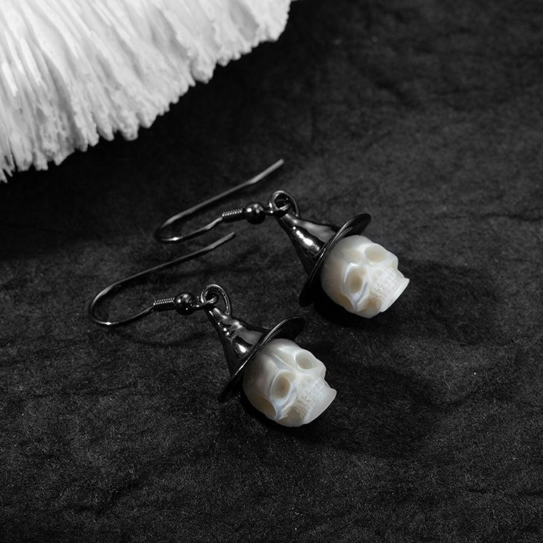 Witch Hat Pearl Skull Earrings™ Skull Accessories  – Gothic Pearl Drop Earrings with Witch Hat Design