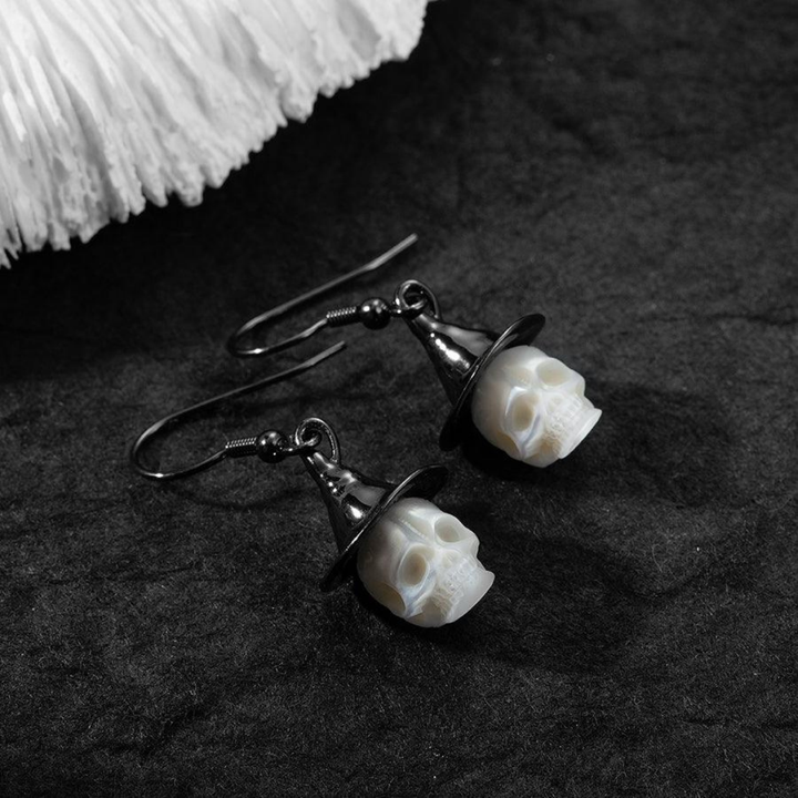 Witch Hat Pearl Skull Earrings™ Skull Accessories  – Gothic Pearl Drop Earrings with Witch Hat Design