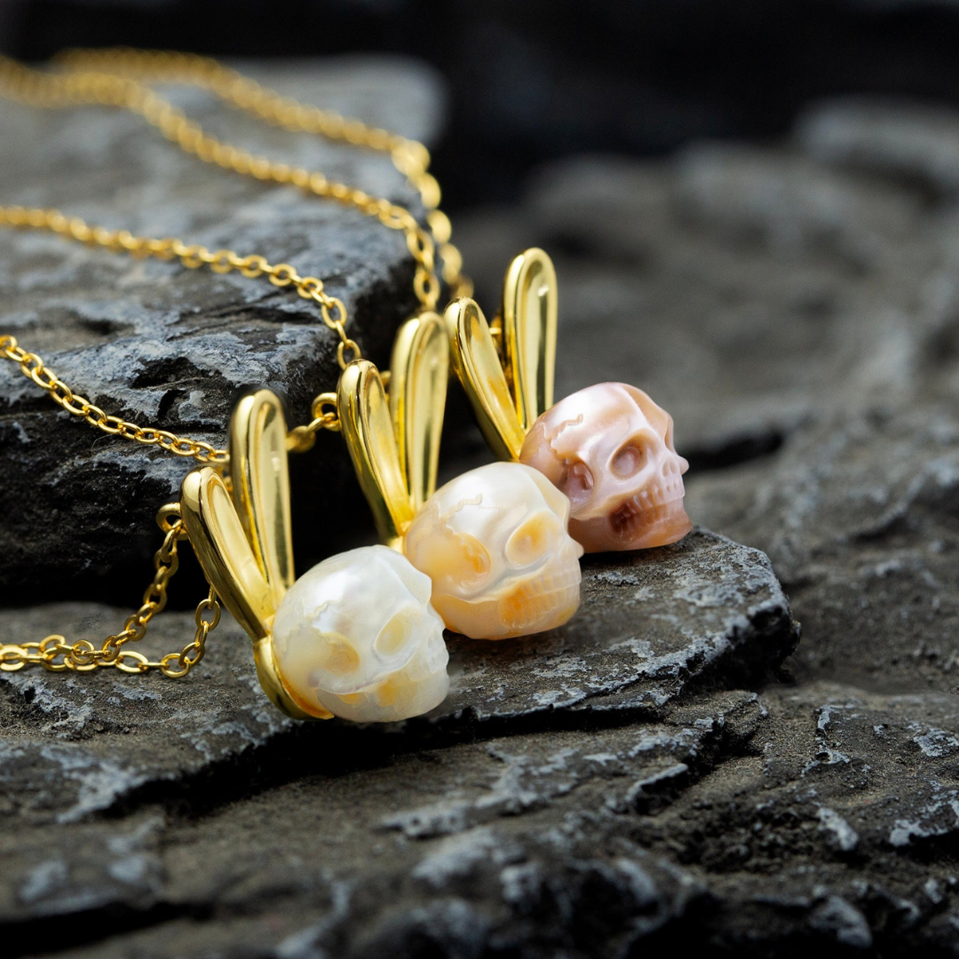 Pearl Skull Gold Bunny Ears Necklace™ Skull Accessories  – Playful Charm with a Gothic Twist