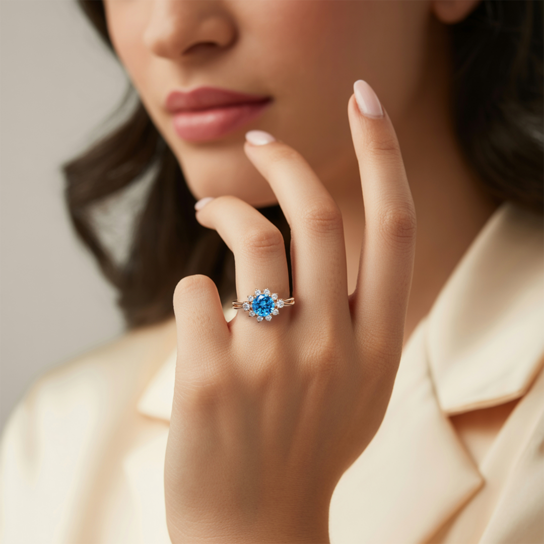 Stormlight Ring™ Colored Gem Stone – Split Band Blue Moissanite Halo Ring